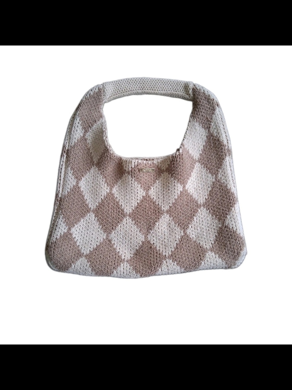Kopari Beige and Cream Diamond Knit Shoulder Bag